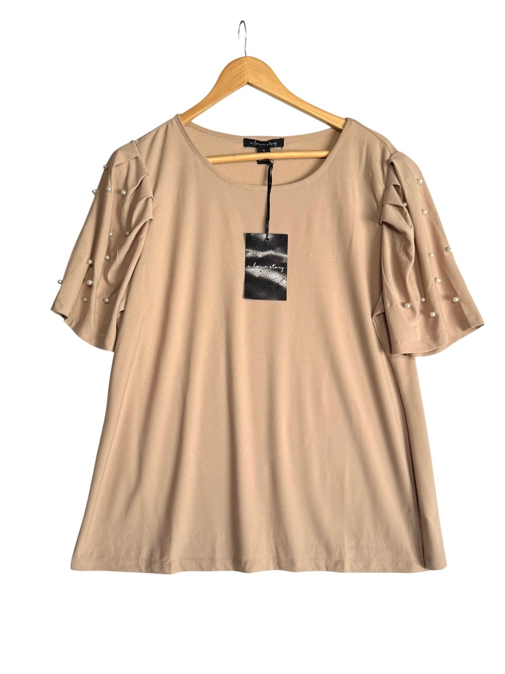 A Love Story beige short-sleeve blouse faux-pearl embellished puffed sleeves XL